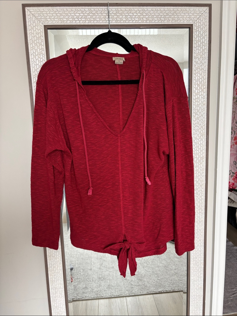 Red V-Neck Hooded Tie-Front Sweatshirt
